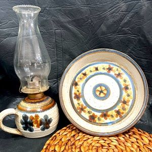 Vintage MCM stoneware Handmade Pottery lamp with matching stoneware Dish